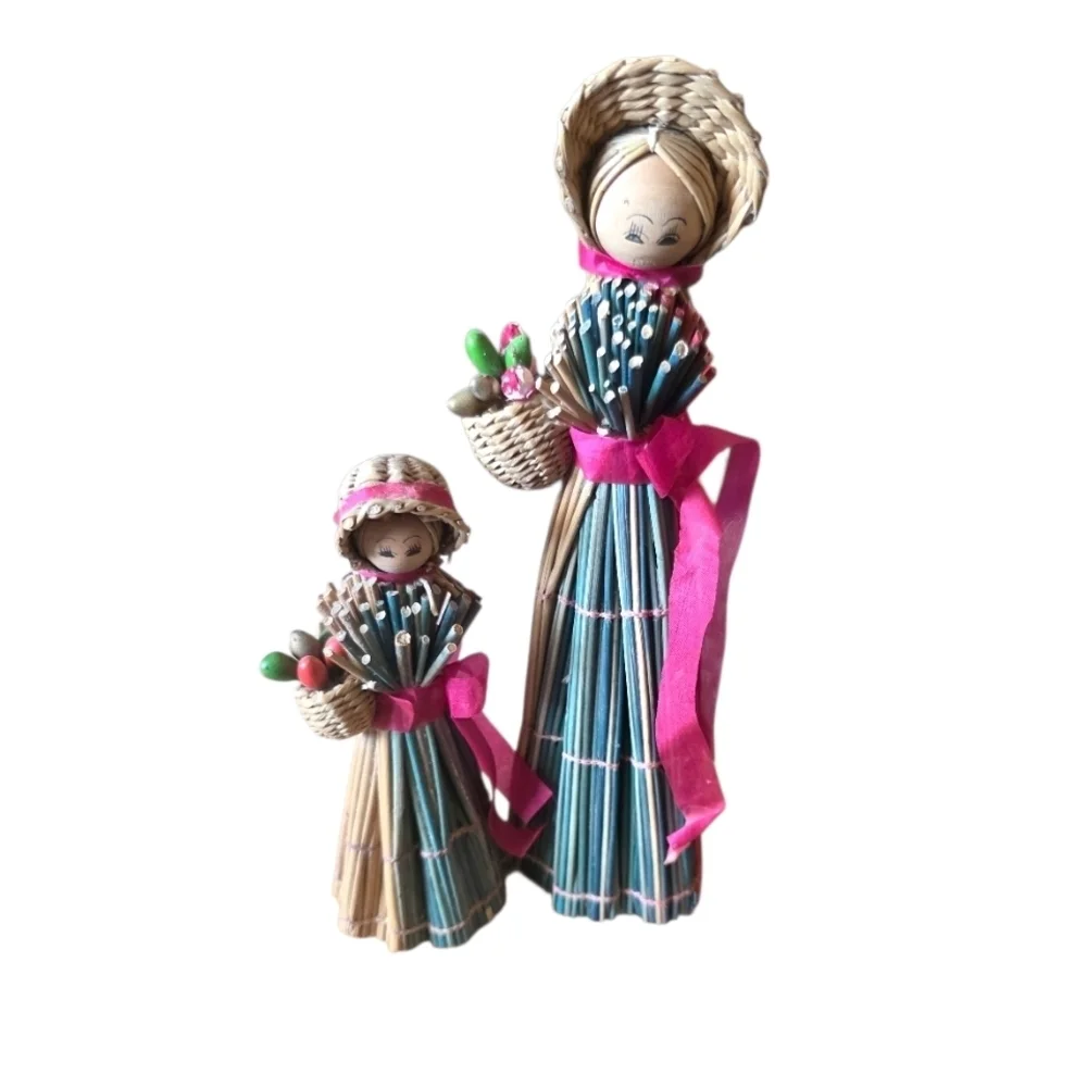 Pier 1 Imports Vintage Broom Straw Dolls Girls Primitive Folk Art Set Of 2